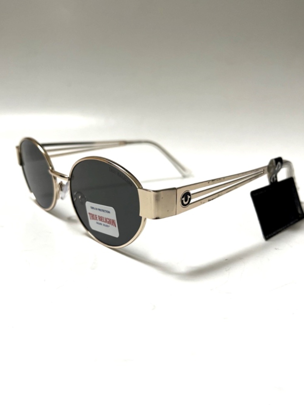 New TRUE RELIGION Slim Oval Sunglasses Metal Gold Green Lens Classic Logo